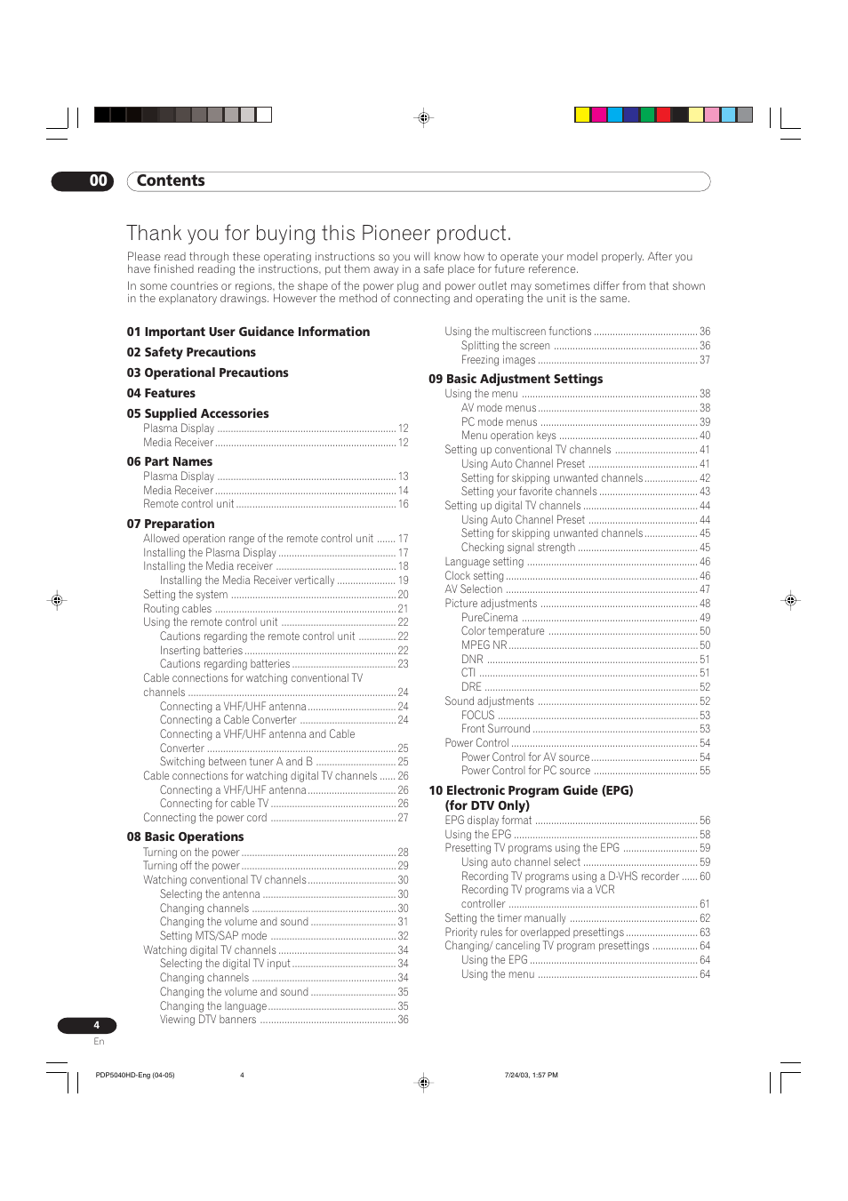 00 contents | Pioneer PureVision PDP 5040HD User Manual | Page 4 / 110
