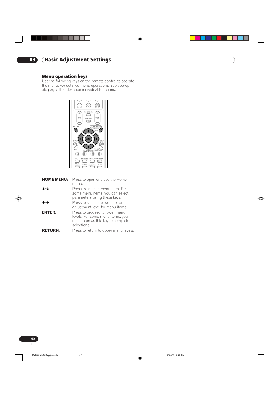 09 basic adjustment settings | Pioneer PureVision PDP 5040HD User Manual | Page 40 / 110