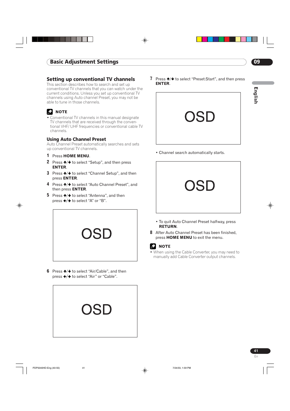09 basic adjustment settings, Setting up conventional tv channels | Pioneer PureVision PDP 5040HD User Manual | Page 41 / 110