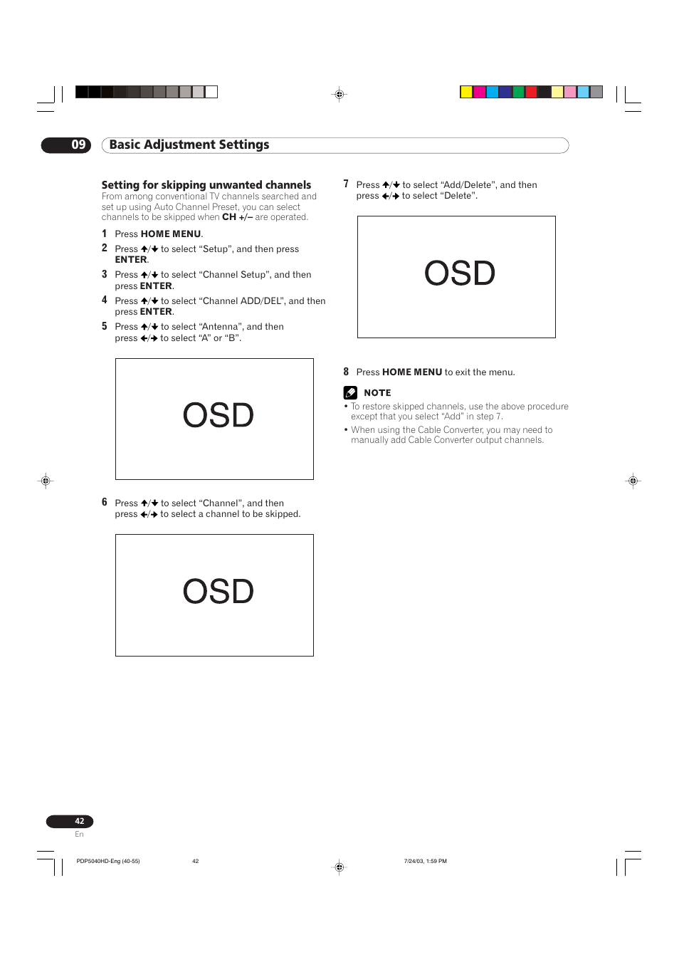 09 basic adjustment settings | Pioneer PureVision PDP 5040HD User Manual | Page 42 / 110