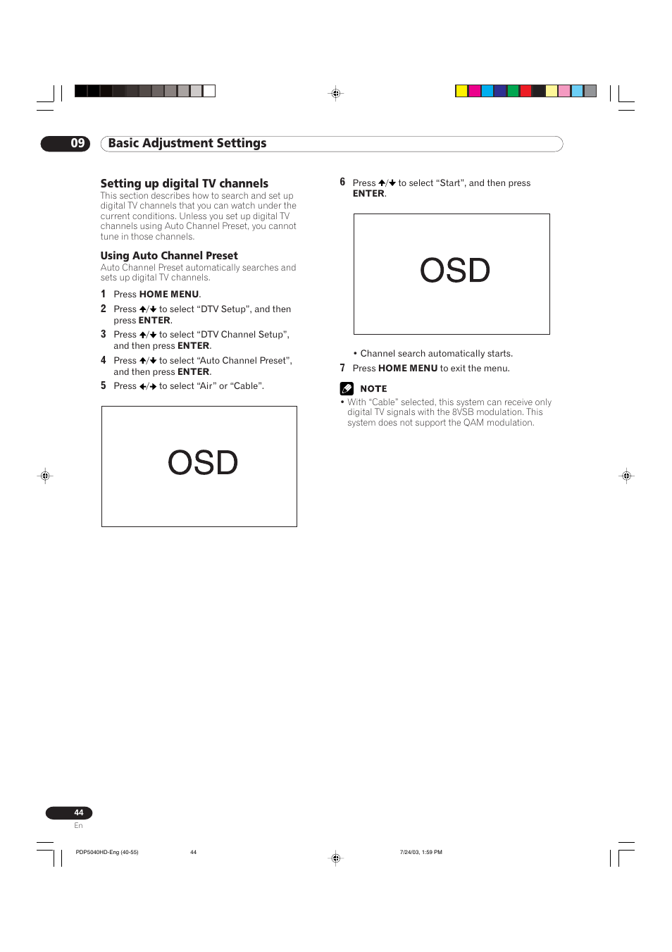 09 basic adjustment settings, Setting up digital tv channels | Pioneer PureVision PDP 5040HD User Manual | Page 44 / 110