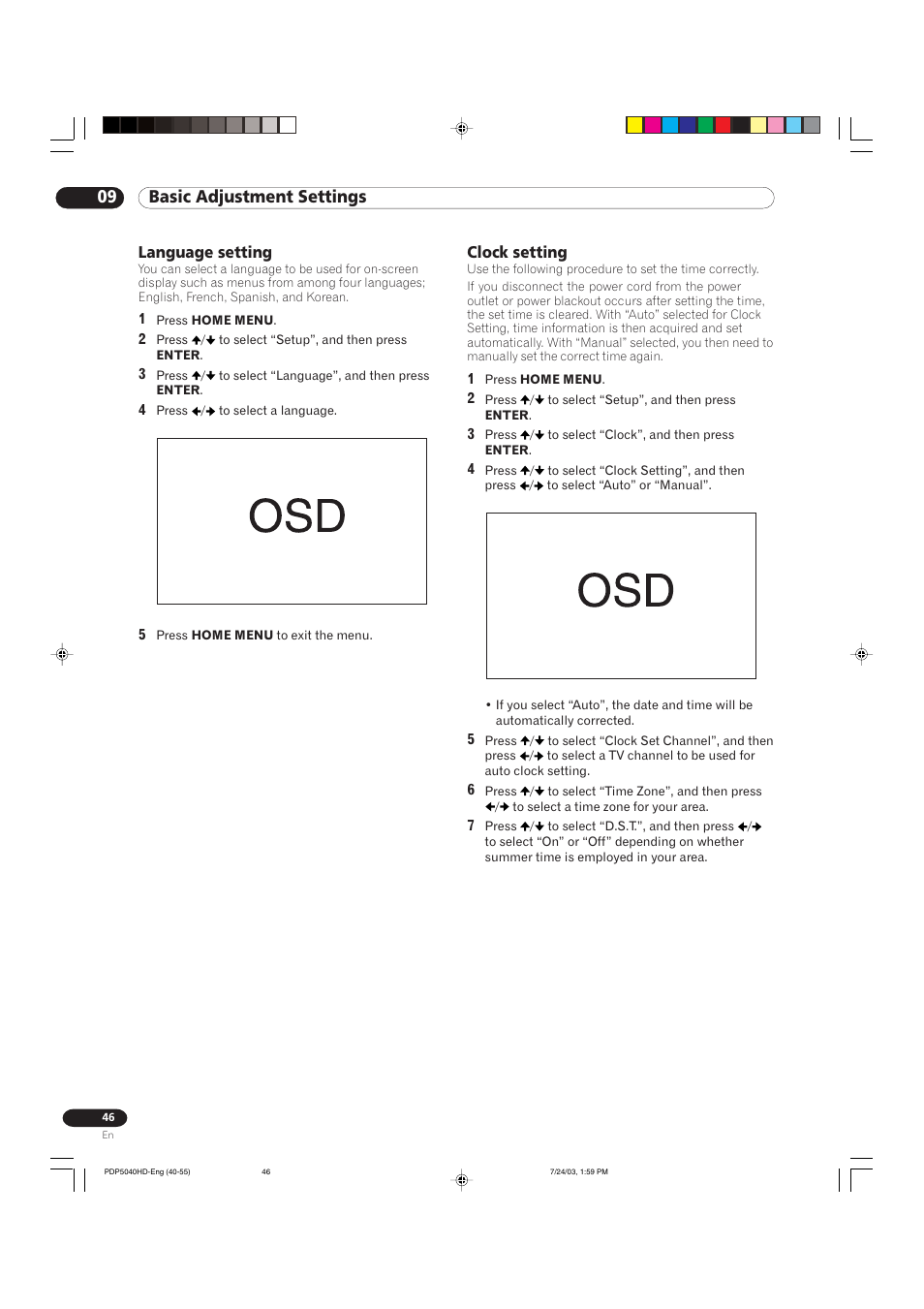 09 basic adjustment settings, Language setting, Clock setting | Pioneer PureVision PDP 5040HD User Manual | Page 46 / 110