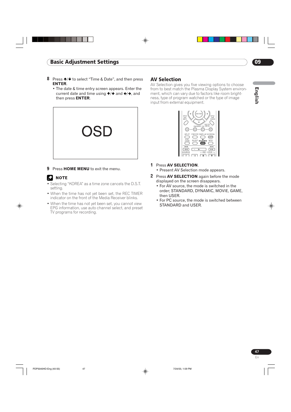 09 basic adjustment settings, Av selection | Pioneer PureVision PDP 5040HD User Manual | Page 47 / 110