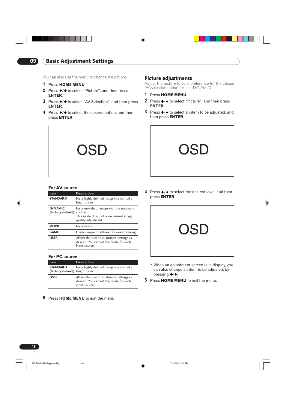 09 basic adjustment settings, Picture adjustments | Pioneer PureVision PDP 5040HD User Manual | Page 48 / 110
