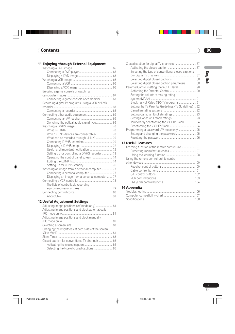 00 contents | Pioneer PureVision PDP 5040HD User Manual | Page 5 / 110