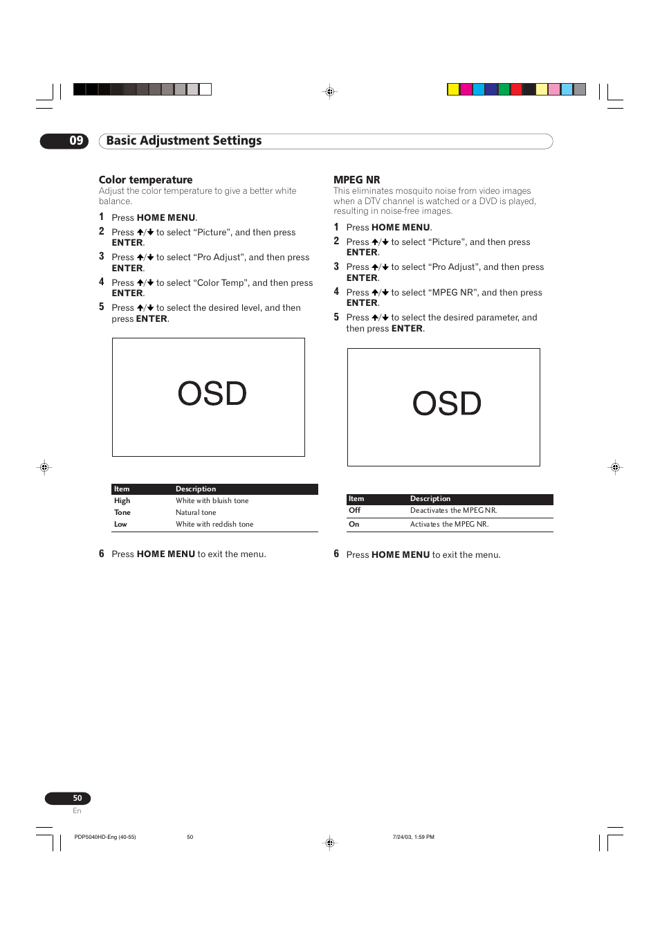 09 basic adjustment settings | Pioneer PureVision PDP 5040HD User Manual | Page 50 / 110