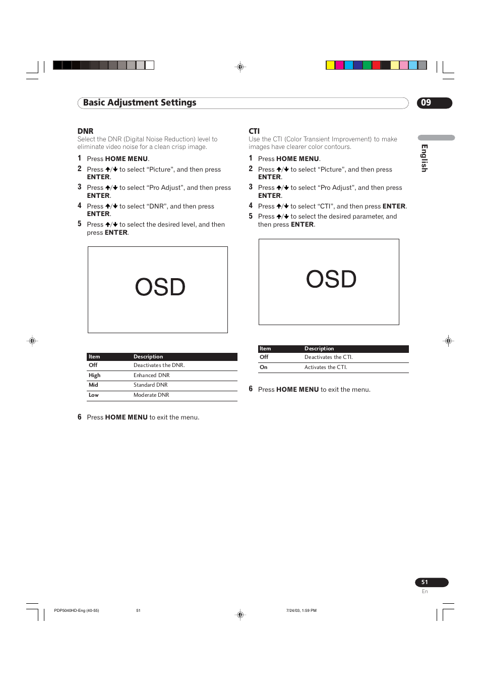 09 basic adjustment settings | Pioneer PureVision PDP 5040HD User Manual | Page 51 / 110