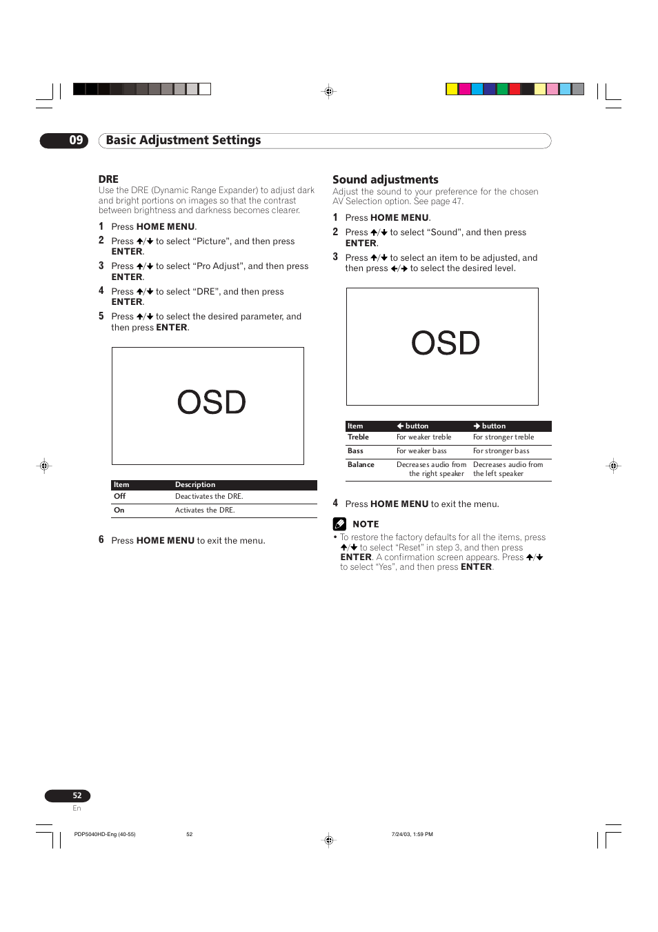 09 basic adjustment settings, Sound adjustments | Pioneer PureVision PDP 5040HD User Manual | Page 52 / 110