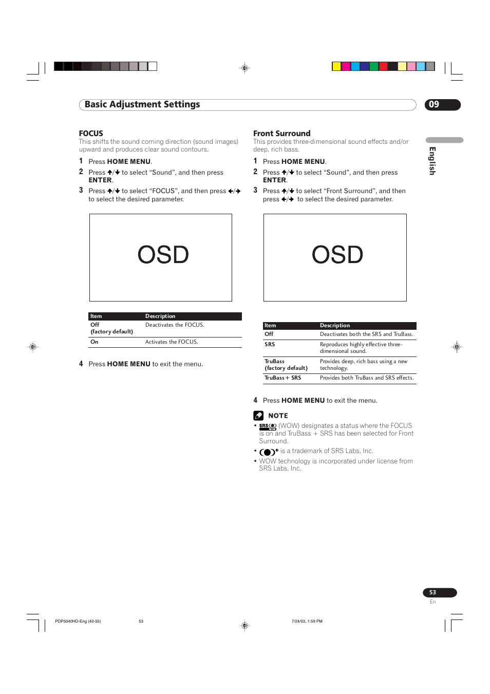 09 basic adjustment settings | Pioneer PureVision PDP 5040HD User Manual | Page 53 / 110