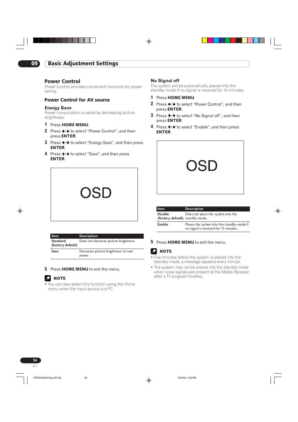 09 basic adjustment settings, Power control | Pioneer PureVision PDP 5040HD User Manual | Page 54 / 110