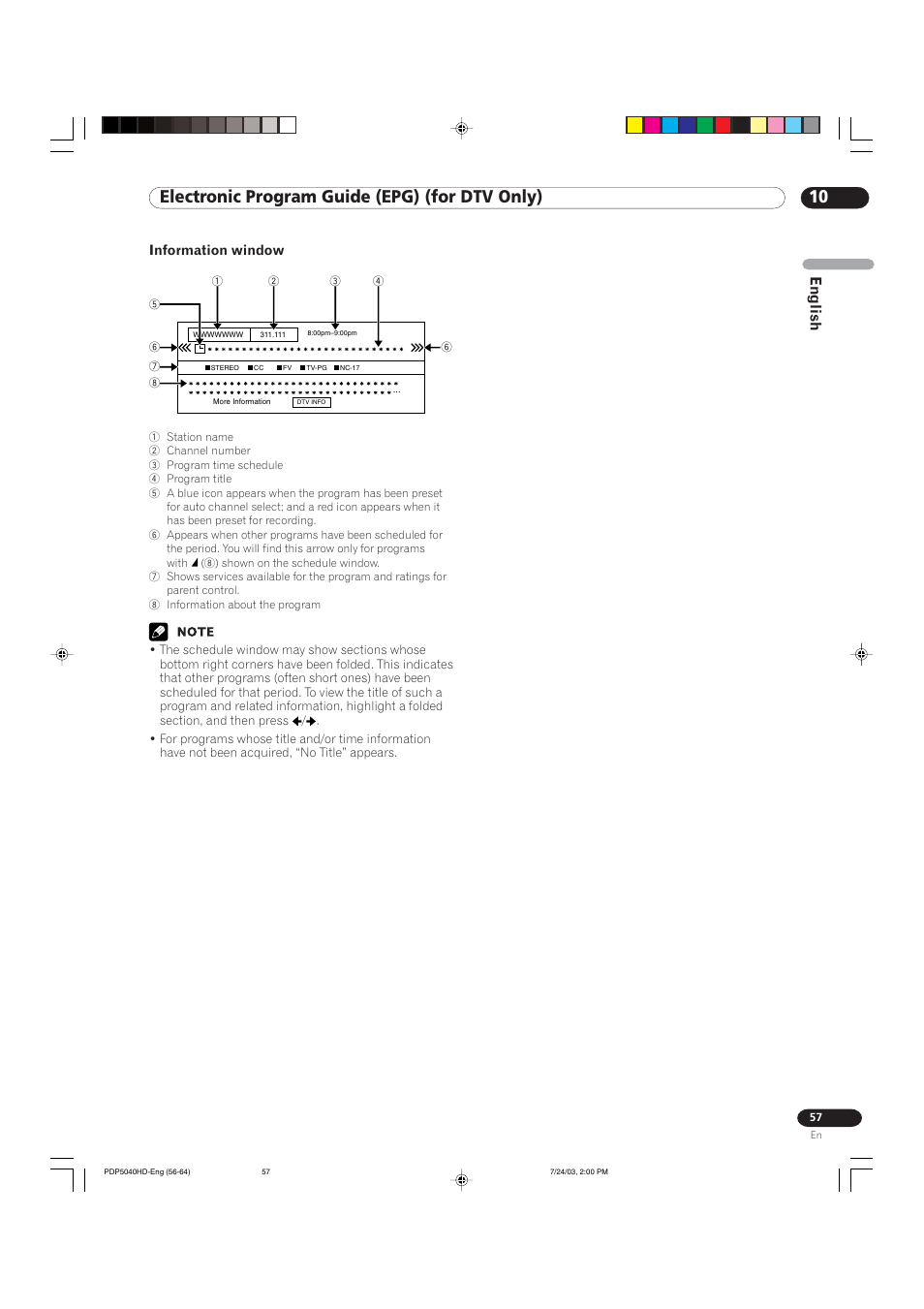 10 electronic program guide (epg) (for dtv only), English, Information window | Pioneer PureVision PDP 5040HD User Manual | Page 57 / 110