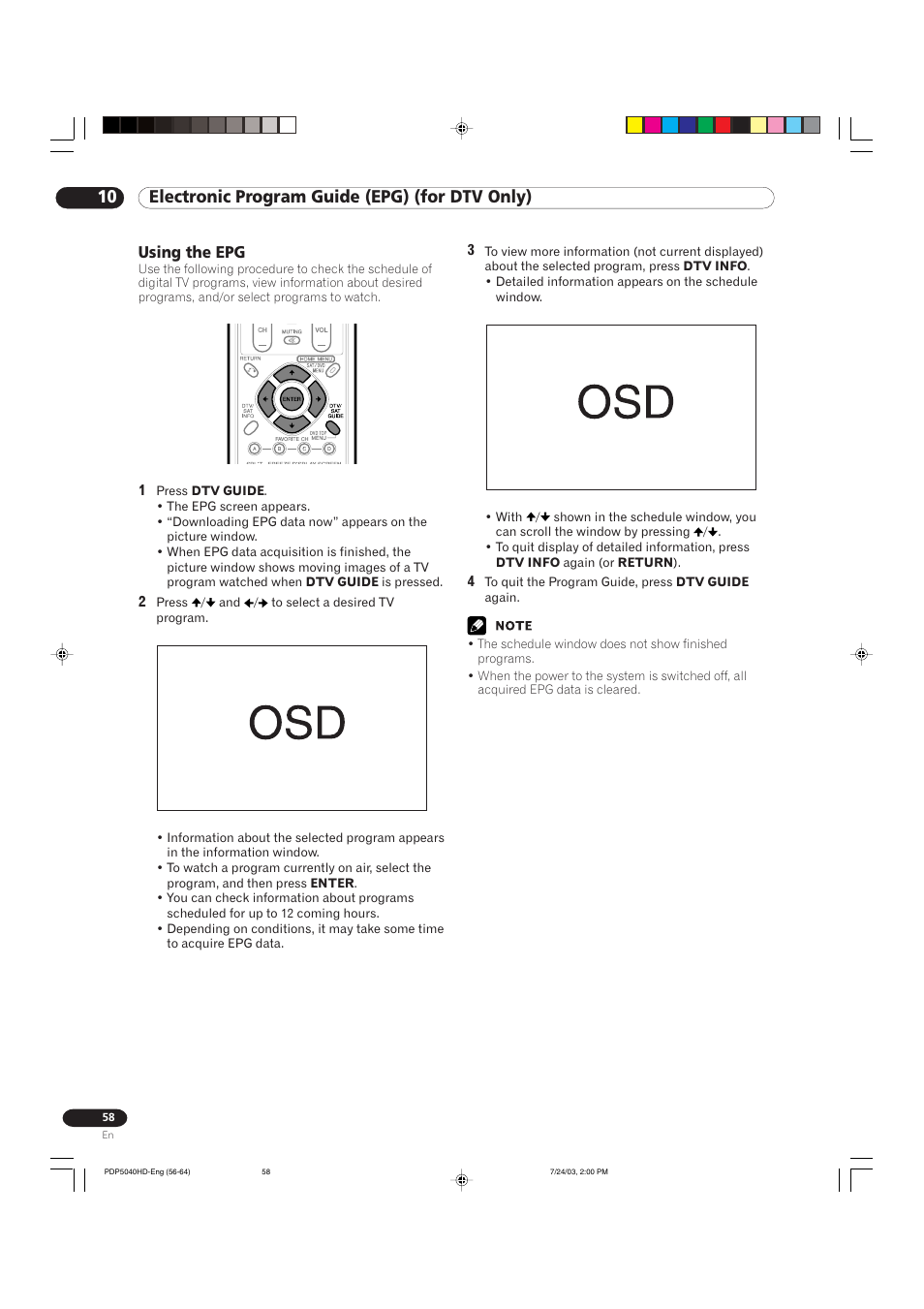 10 electronic program guide (epg) (for dtv only), Using the epg | Pioneer PureVision PDP 5040HD User Manual | Page 58 / 110