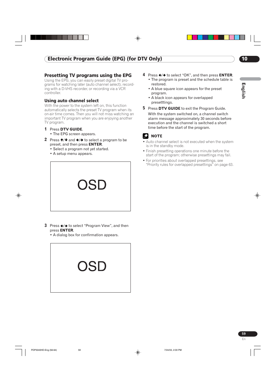 10 electronic program guide (epg) (for dtv only), Presetting tv programs using the epg | Pioneer PureVision PDP 5040HD User Manual | Page 59 / 110