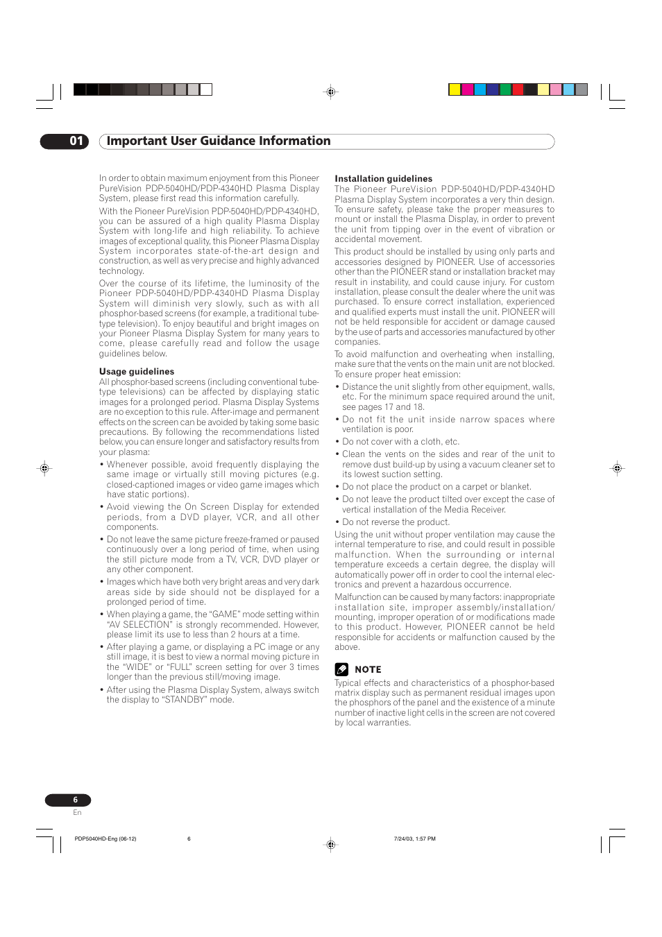 01 important user guidance information | Pioneer PureVision PDP 5040HD User Manual | Page 6 / 110