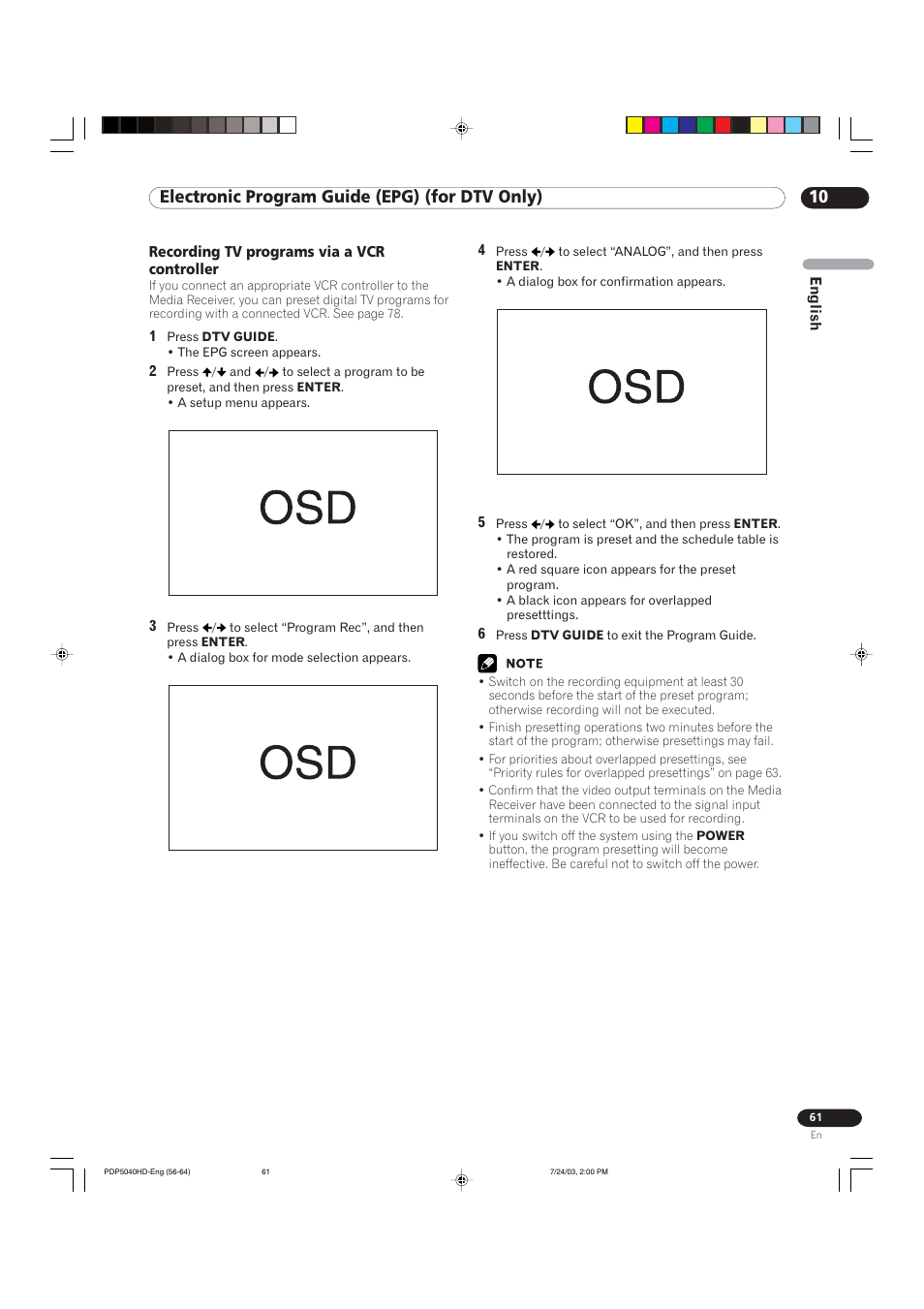 10 electronic program guide (epg) (for dtv only) | Pioneer PureVision PDP 5040HD User Manual | Page 61 / 110