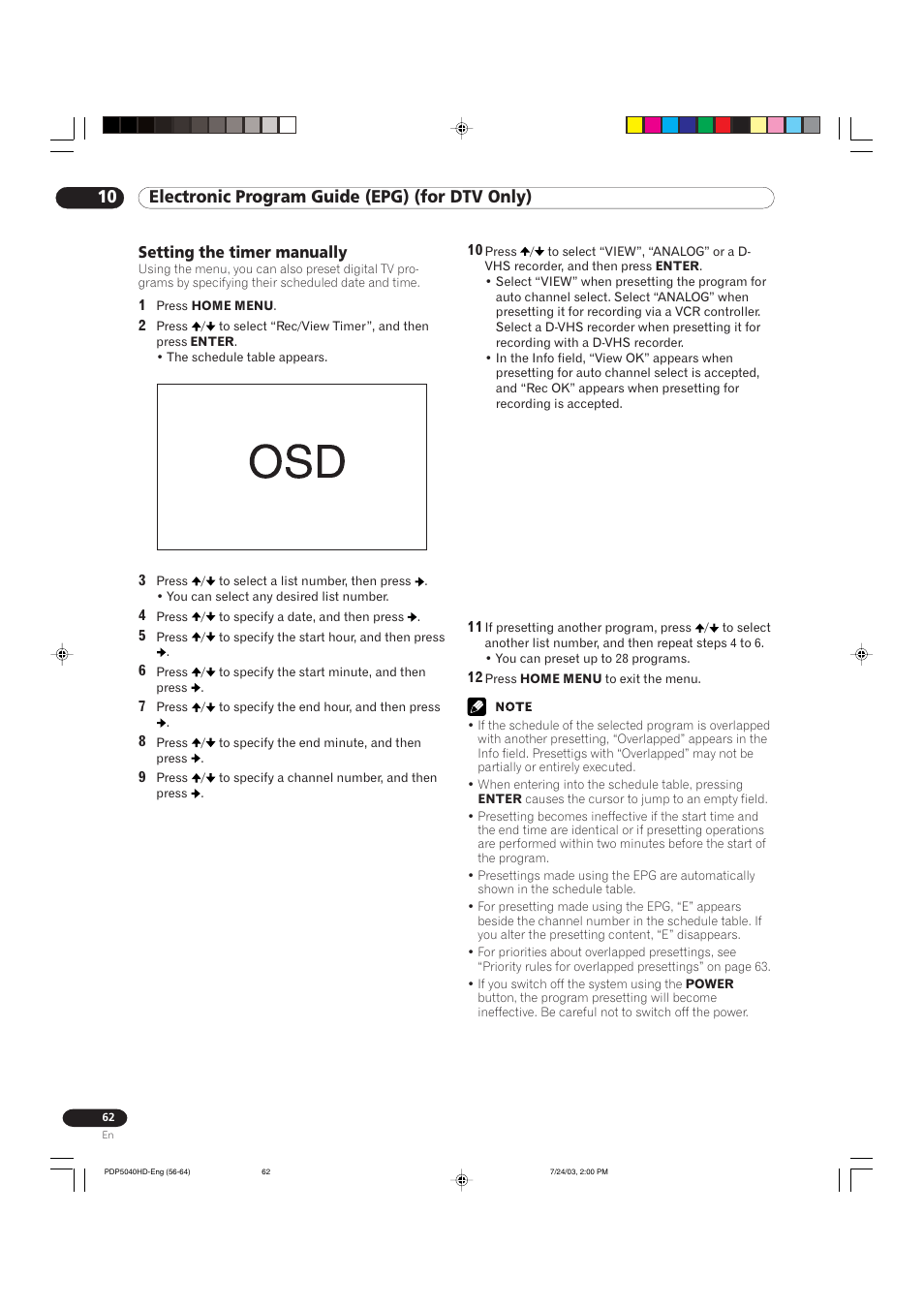 10 electronic program guide (epg) (for dtv only), Setting the timer manually | Pioneer PureVision PDP 5040HD User Manual | Page 62 / 110