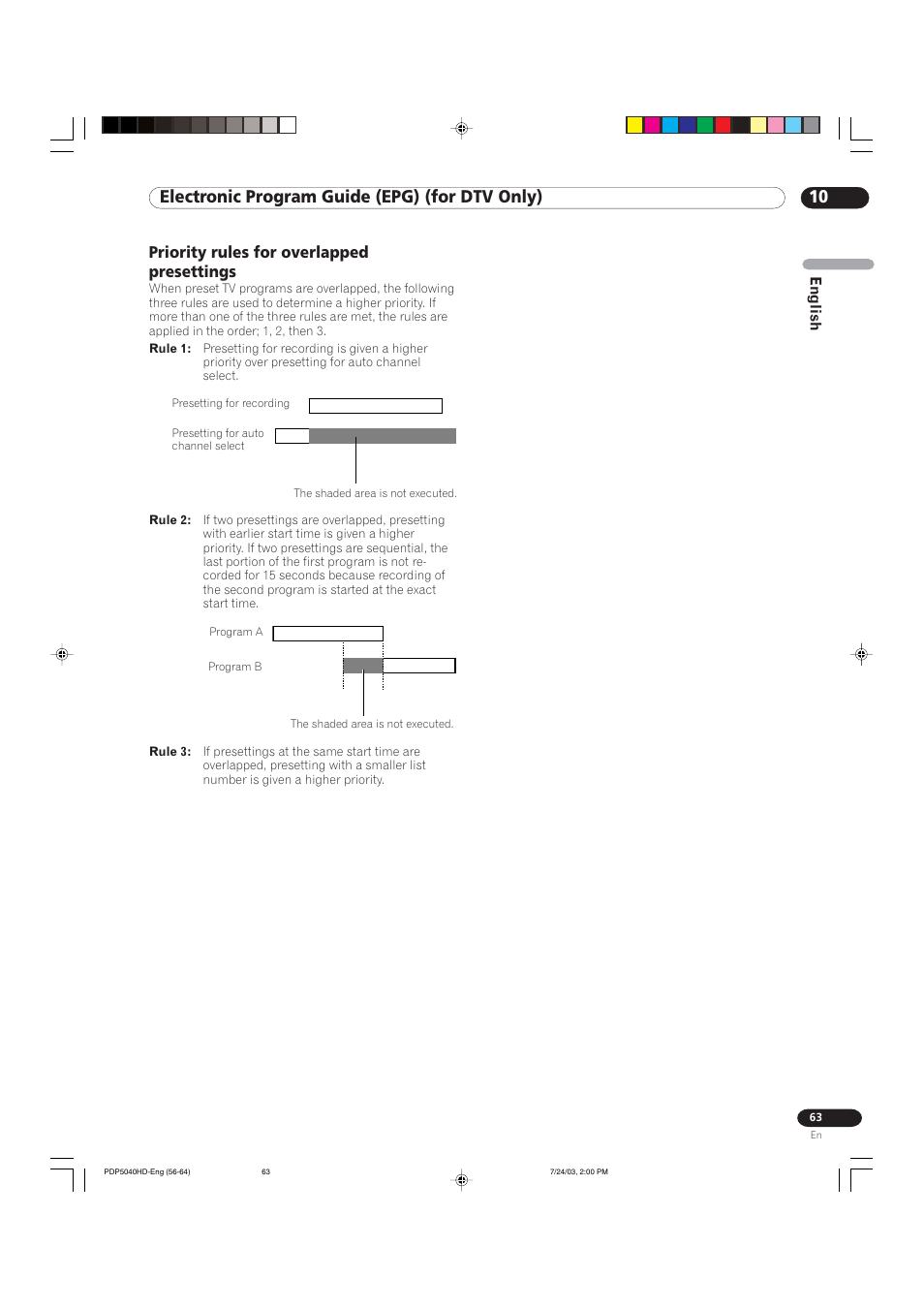 10 electronic program guide (epg) (for dtv only), Priority rules for overlapped presettings | Pioneer PureVision PDP 5040HD User Manual | Page 63 / 110