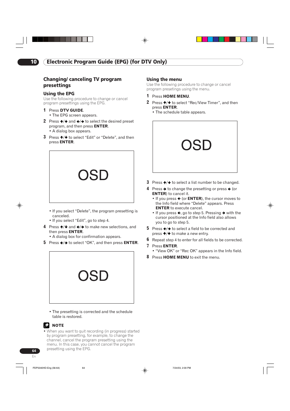 10 electronic program guide (epg) (for dtv only), Changing/ canceling tv program presettings | Pioneer PureVision PDP 5040HD User Manual | Page 64 / 110