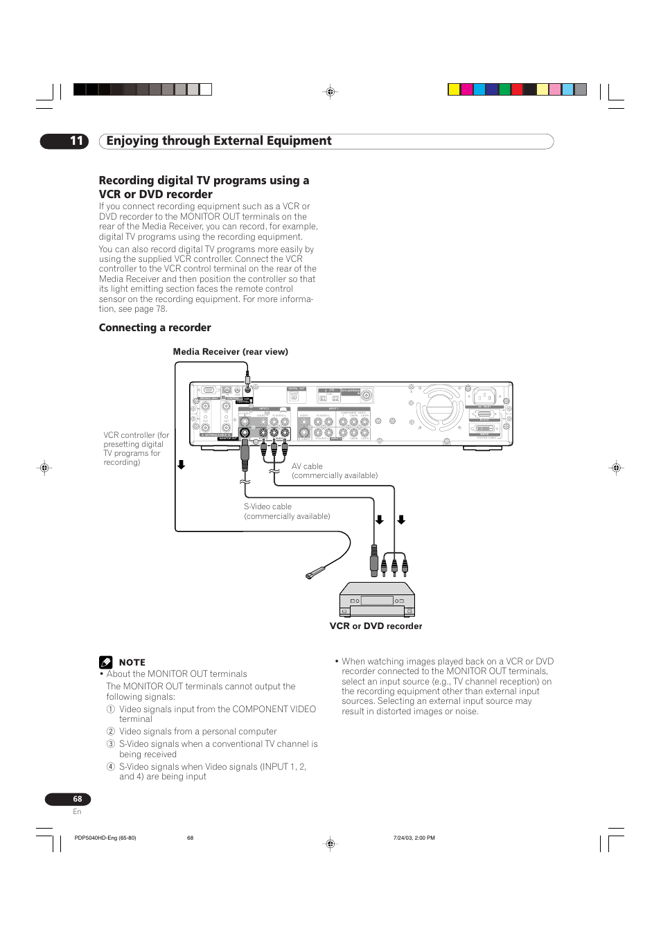 11 enjoying through external equipment, Connecting a recorder, Media receiver (rear view) | Vcr or dvd recorder | Pioneer PureVision PDP 5040HD User Manual | Page 68 / 110