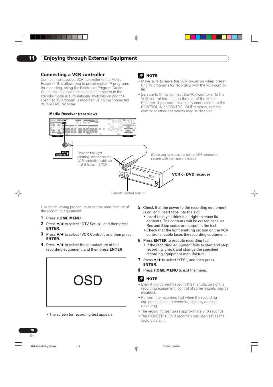 11 enjoying through external equipment, Connecting a vcr controller, Press home menu | Press / to select “yes”, and then press enter | Pioneer PureVision PDP 5040HD User Manual | Page 78 / 110