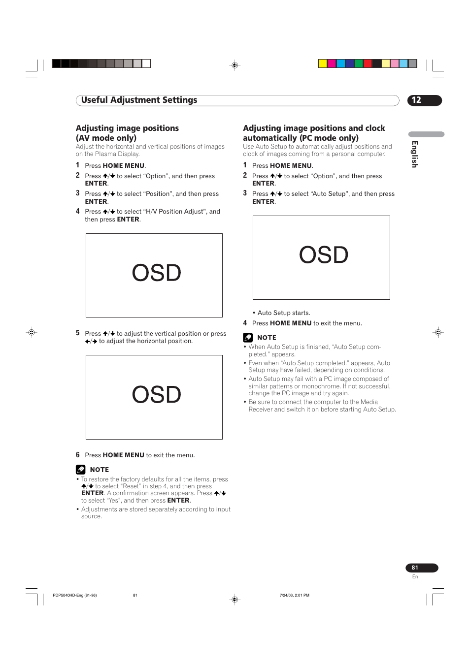 12 useful adjustment settings, Adjusting image positions (av mode only) | Pioneer PureVision PDP 5040HD User Manual | Page 81 / 110