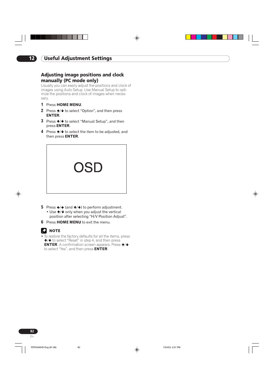 12 useful adjustment settings | Pioneer PureVision PDP 5040HD User Manual | Page 82 / 110