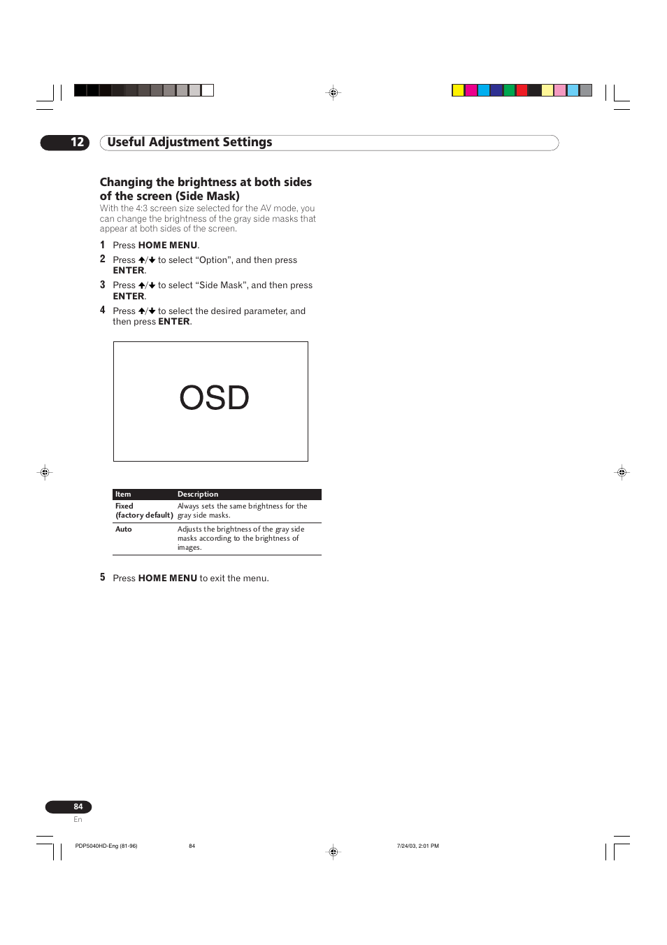 12 useful adjustment settings | Pioneer PureVision PDP 5040HD User Manual | Page 84 / 110
