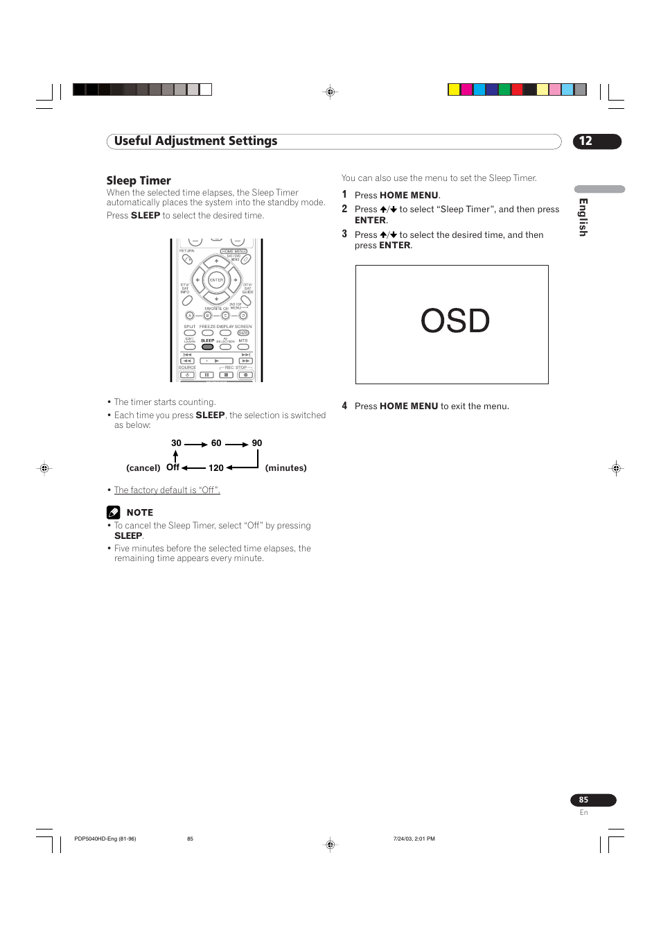 12 useful adjustment settings, Sleep timer | Pioneer PureVision PDP 5040HD User Manual | Page 85 / 110