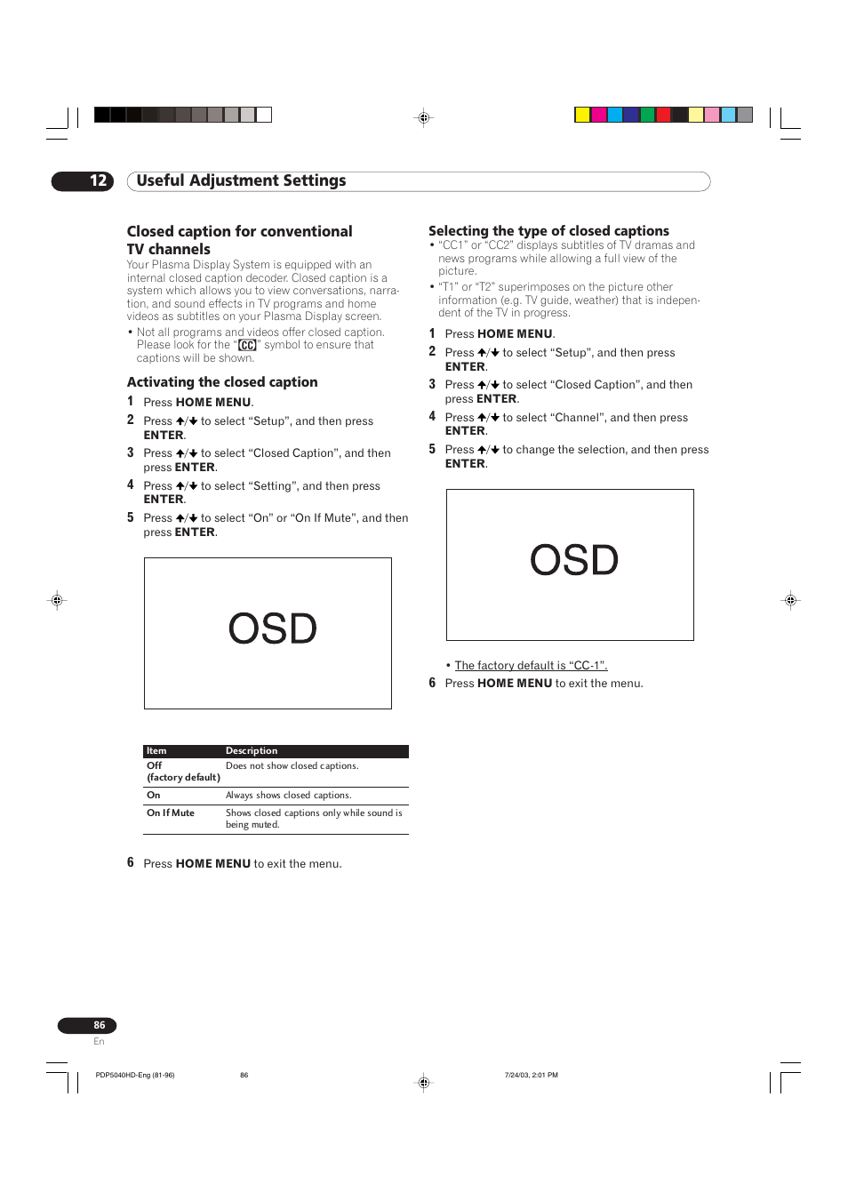12 useful adjustment settings, Closed caption for conventional tv channels | Pioneer PureVision PDP 5040HD User Manual | Page 86 / 110