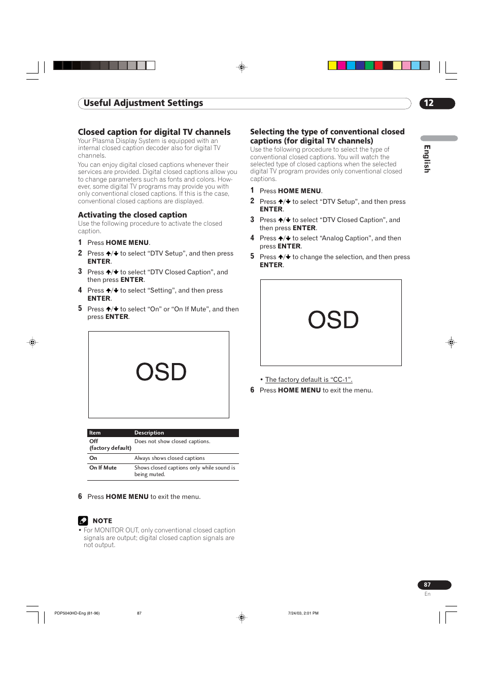 12 useful adjustment settings, Closed caption for digital tv channels | Pioneer PureVision PDP 5040HD User Manual | Page 87 / 110