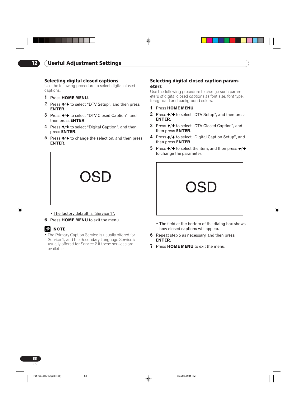 12 useful adjustment settings | Pioneer PureVision PDP 5040HD User Manual | Page 88 / 110