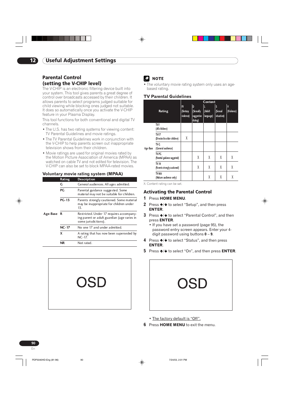 12 useful adjustment settings, Parental control (setting the v-chip level) | Pioneer PureVision PDP 5040HD User Manual | Page 90 / 110