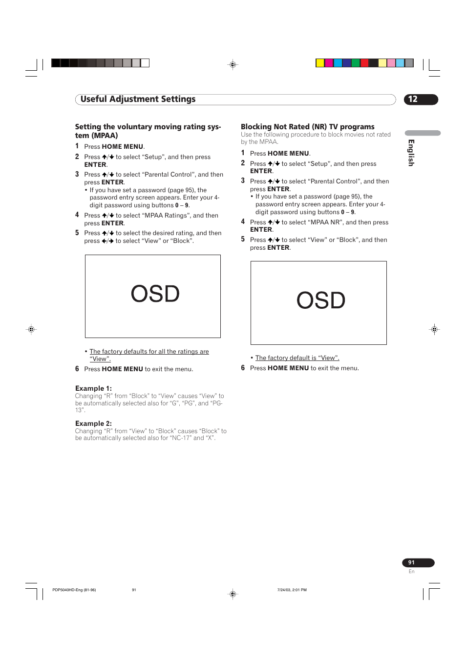 12 useful adjustment settings | Pioneer PureVision PDP 5040HD User Manual | Page 91 / 110