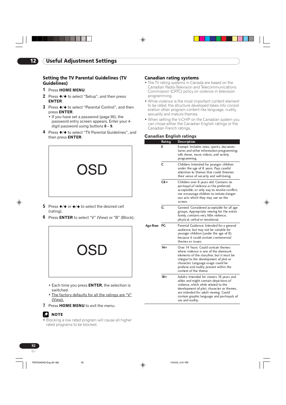 12 useful adjustment settings | Pioneer PureVision PDP 5040HD User Manual | Page 92 / 110