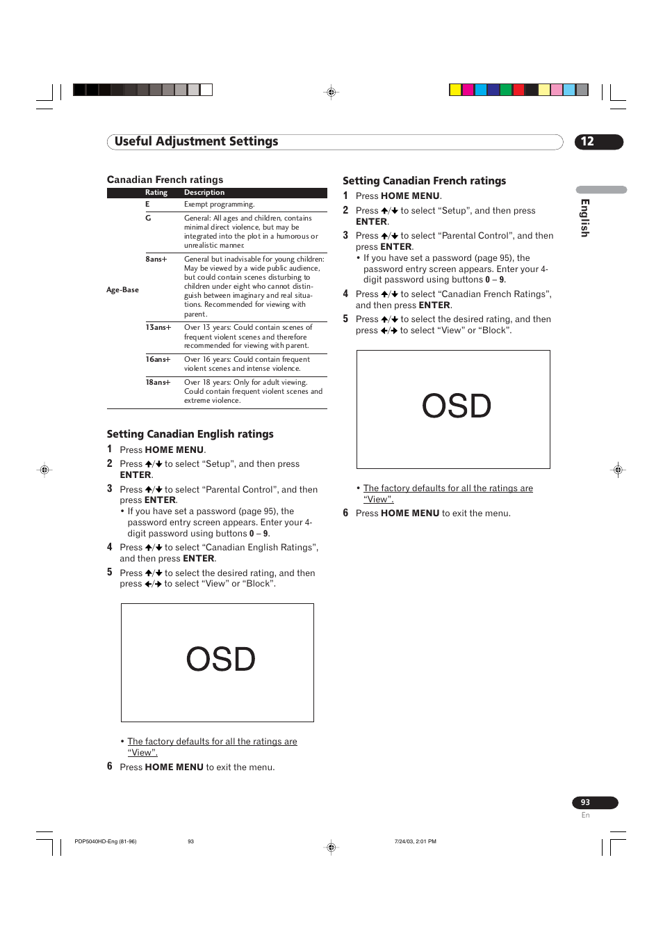 12 useful adjustment settings | Pioneer PureVision PDP 5040HD User Manual | Page 93 / 110