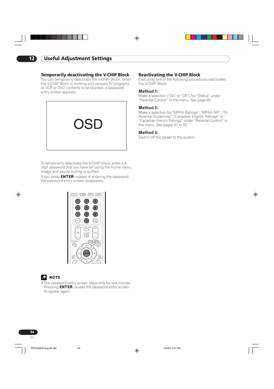 12 useful adjustment settings | Pioneer PureVision PDP 5040HD User Manual | Page 94 / 110