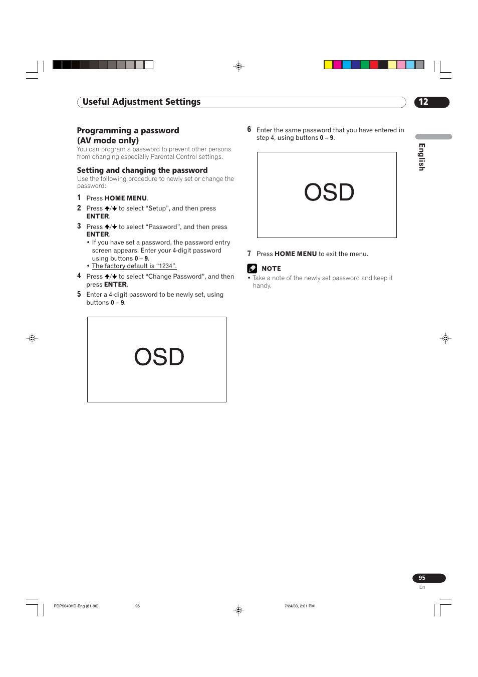 12 useful adjustment settings, Programming a password (av mode only) | Pioneer PureVision PDP 5040HD User Manual | Page 95 / 110