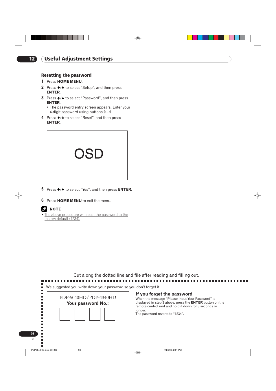 12 useful adjustment settings | Pioneer PureVision PDP 5040HD User Manual | Page 96 / 110