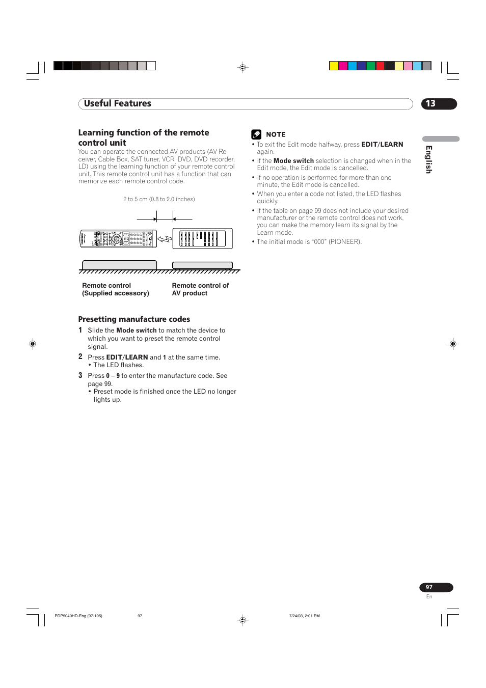 13 useful features, Learning function of the remote control unit | Pioneer PureVision PDP 5040HD User Manual | Page 97 / 110