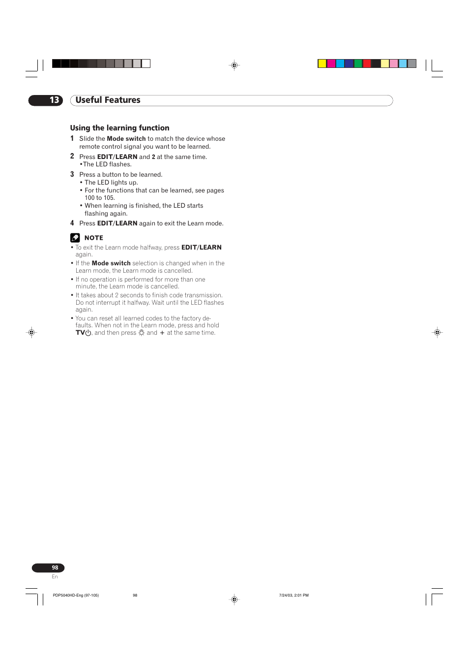 13 useful features | Pioneer PureVision PDP 5040HD User Manual | Page 98 / 110