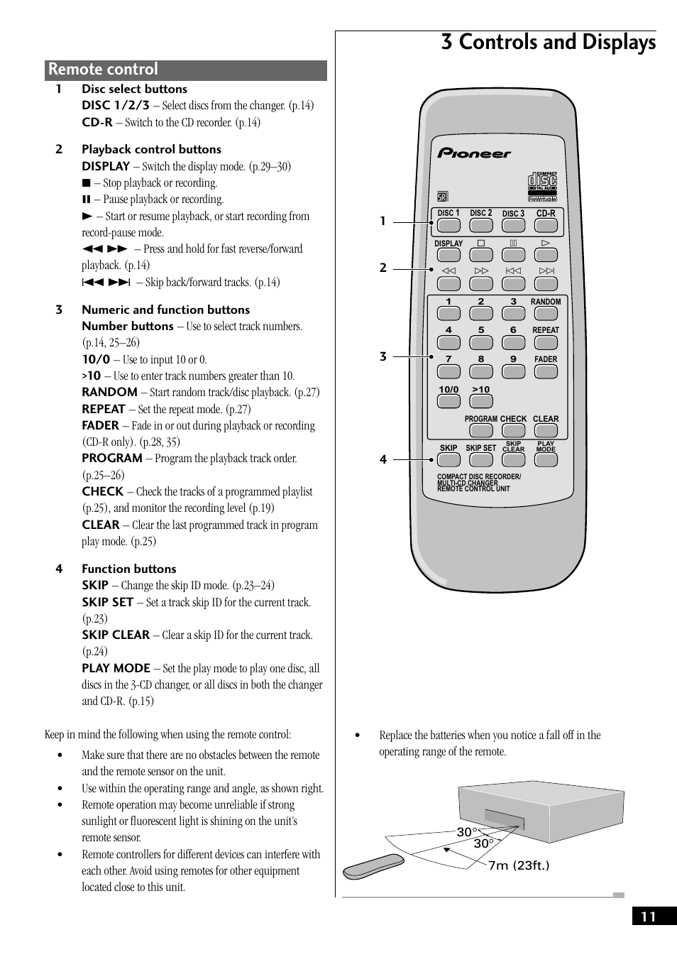 Remote control, 3 controls and displays | Pioneer PDR-W739 User Manual | Page 11 / 44