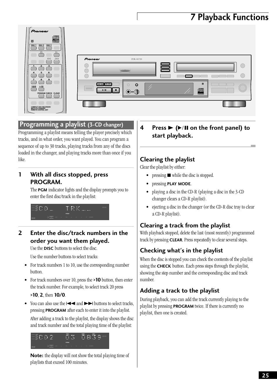 Programming a playlist (3-cd changer), 7 playback functions, Programming a playlist | 1with all discs stopped, press program, Clearing a track from the playlist, Checking what's in the playlist, Adding a track to the playlist, Cd changer), Use the, Press repeatedly to clear several steps | Pioneer PDR-W739 User Manual | Page 25 / 44