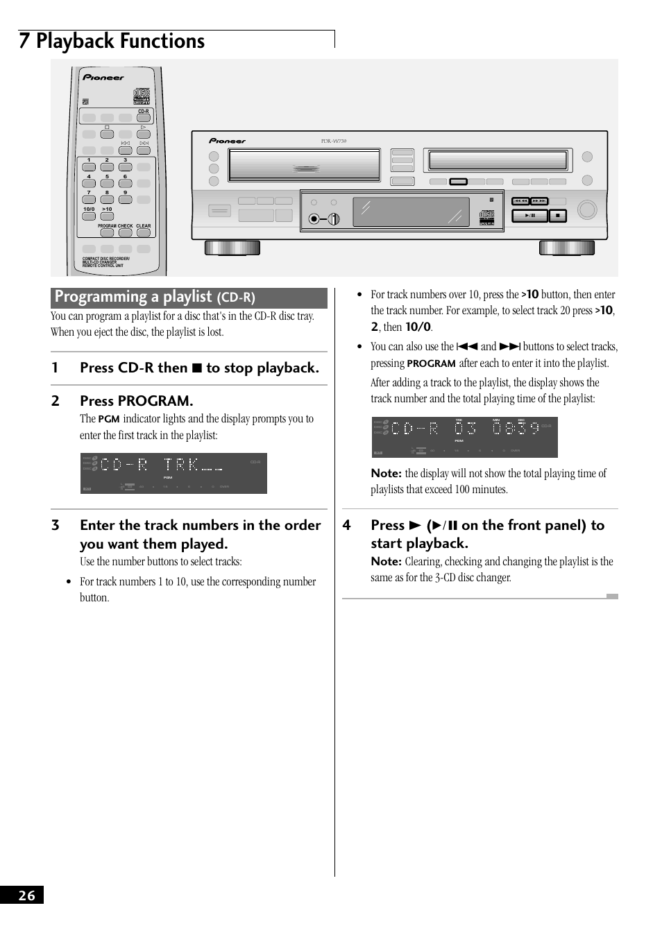 Programming a playlist (cd-r), 7 playback functions, Programming a playlist | 4press 3 ( 6 on the front panel) to start playback, Cd-r), Program | Pioneer PDR-W739 User Manual | Page 26 / 44