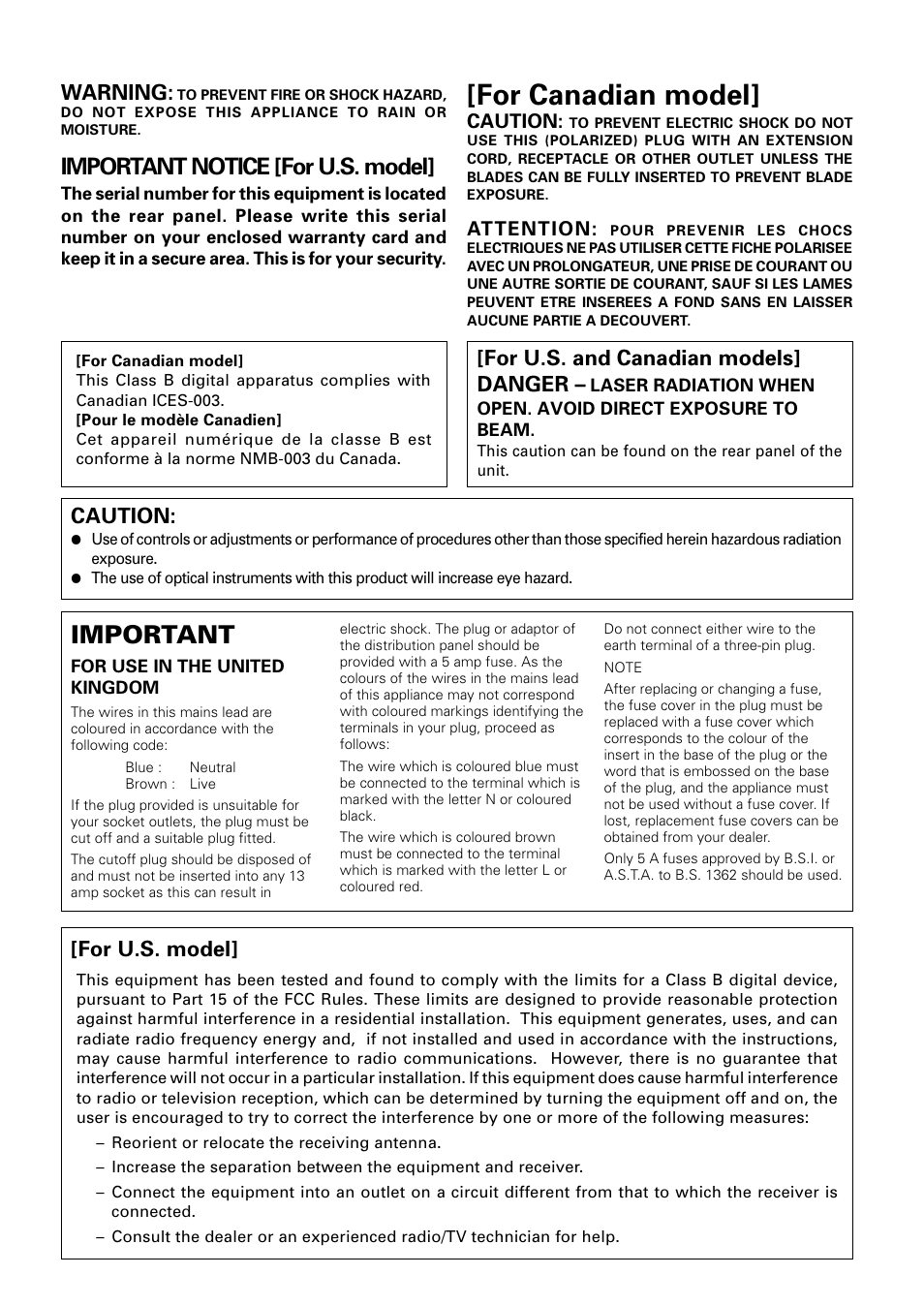 For canadian model, Important, Important notice [for u.s. model | Caution, Warning, For u.s. and canadian models] danger, For u.s. model | Pioneer PDR-W739 User Manual | Page 3 / 44