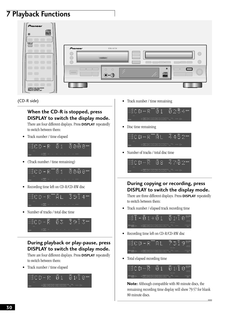 7 playback functions, Cd-r side), There are four different displays. press | Track number / time remaining), Recording time left on cd-r/cd-rw disc, Number of tracks / total disc time, Track number / time remaining, Disc time remaining, There are three different displays. press, Total elapsed recording time | Pioneer PDR-W739 User Manual | Page 30 / 44