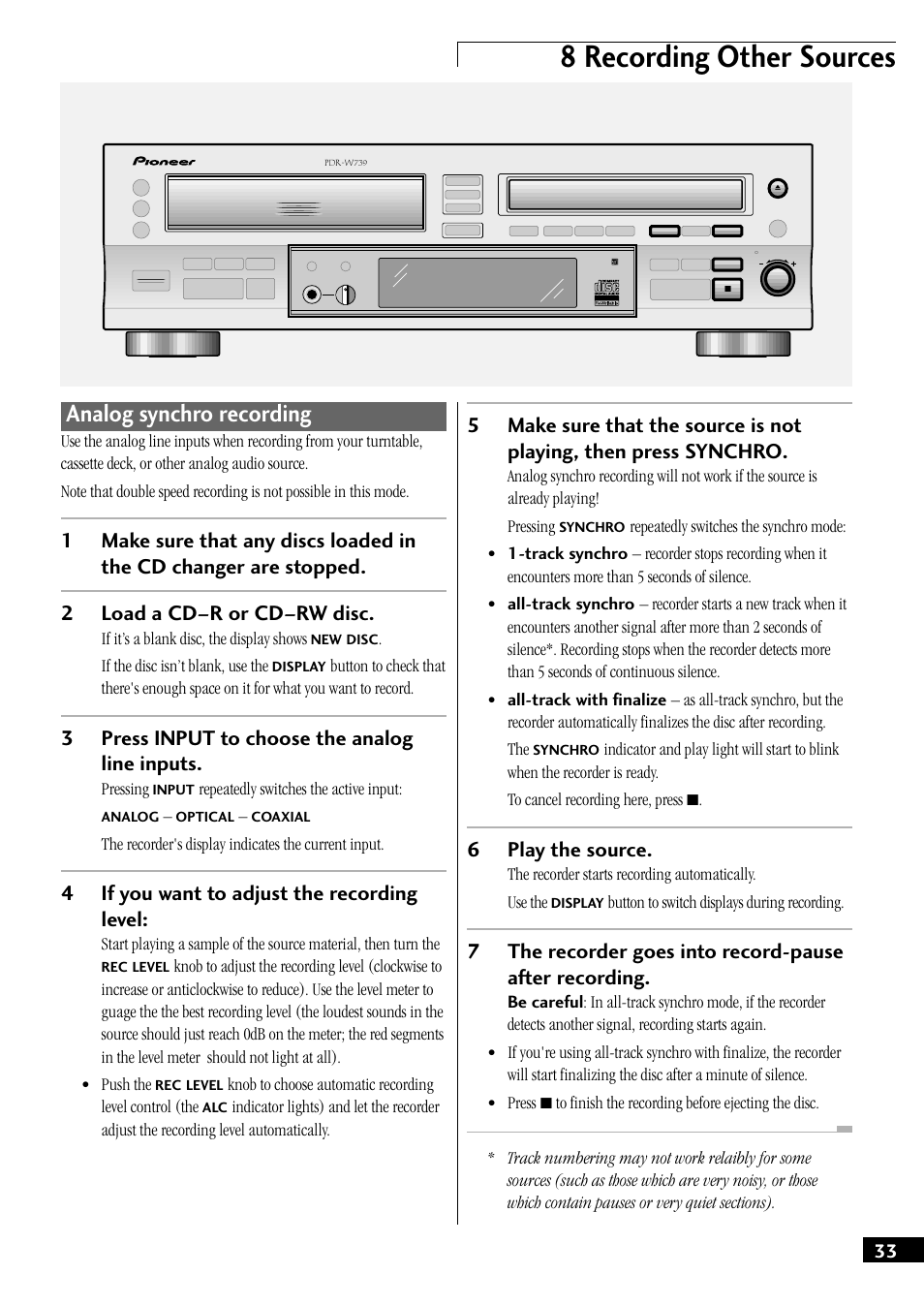 Analog synchro recording, 8 recording other sources, 3press input to choose the analog line inputs | 4if you want to adjust the recording level, 6play the source | Pioneer PDR-W739 User Manual | Page 33 / 44