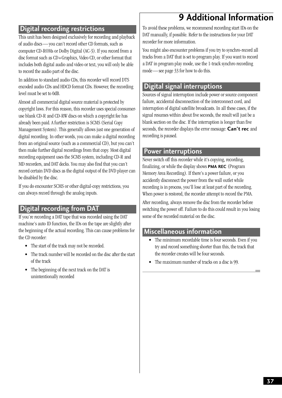 9 additional information, Digital recording restrictions, Digital recording from dat | Digital signal interruptions, Power interruptions, Miscellaneous information | Pioneer PDR-W739 User Manual | Page 37 / 44