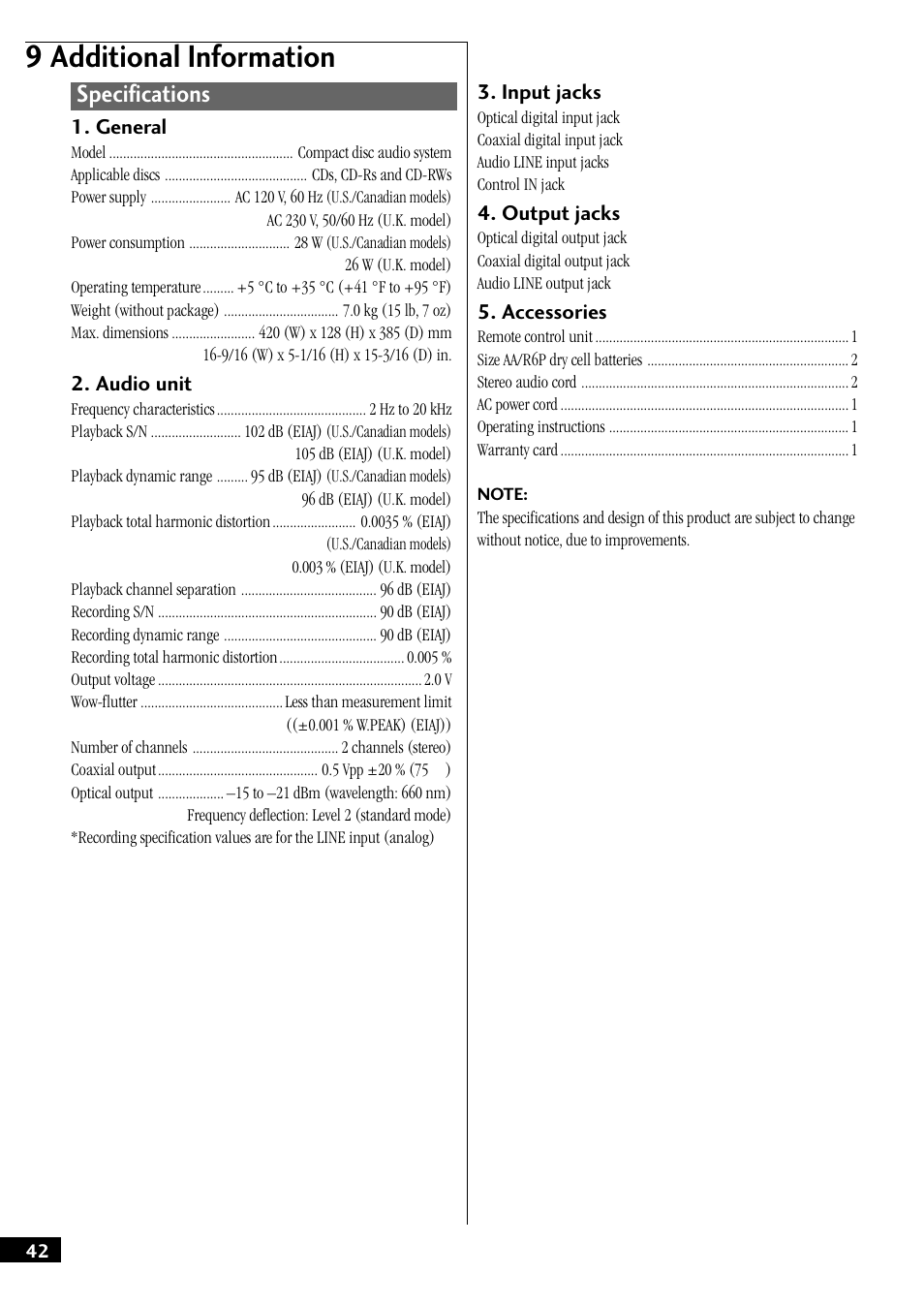 Specifications, 9 additional information | Pioneer PDR-W739 User Manual | Page 42 / 44