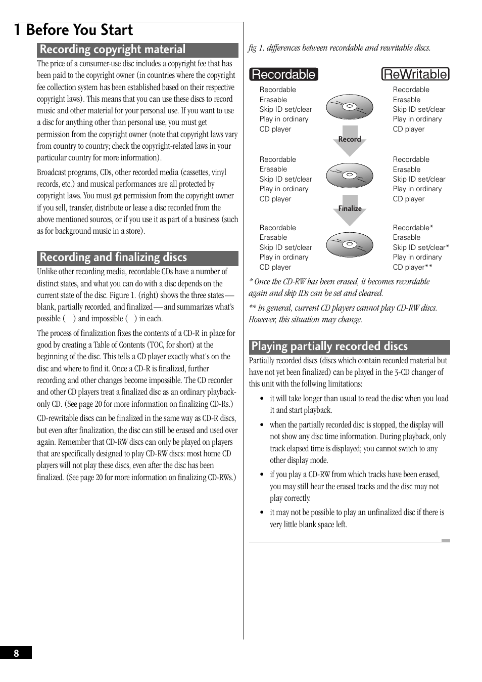 1 before you start, Recording and finalizing discs, Playing partially recorded discs | Recording copyright material | Pioneer PDR-W739 User Manual | Page 8 / 44