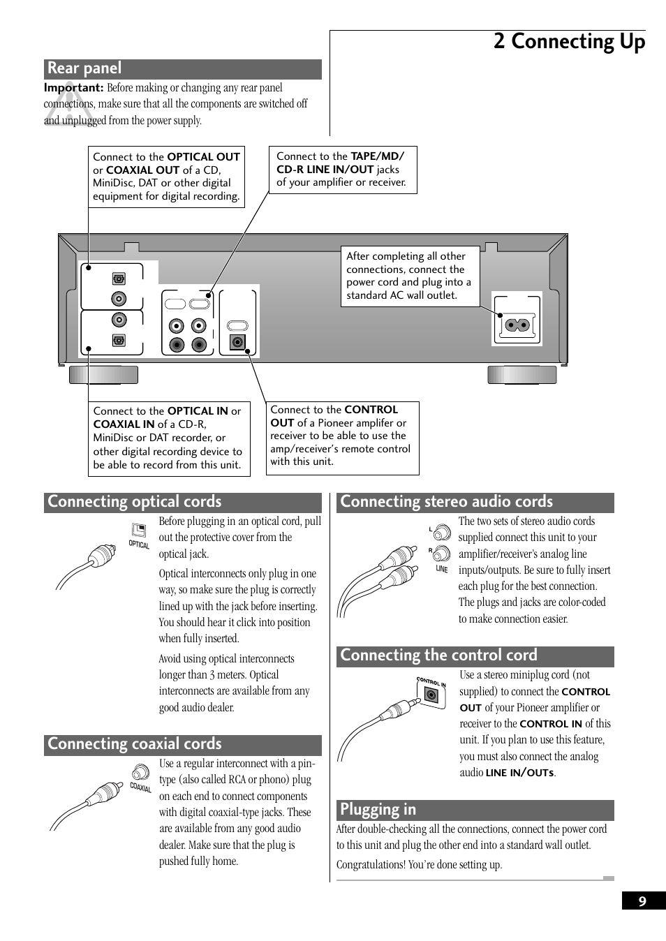 2 connecting up, Rear panel, Connecting optical cords | Connecting coaxial cords, Connecting stereo audio cords, Connecting the control cord, Plugging in | Pioneer PDR-W739 User Manual | Page 9 / 44